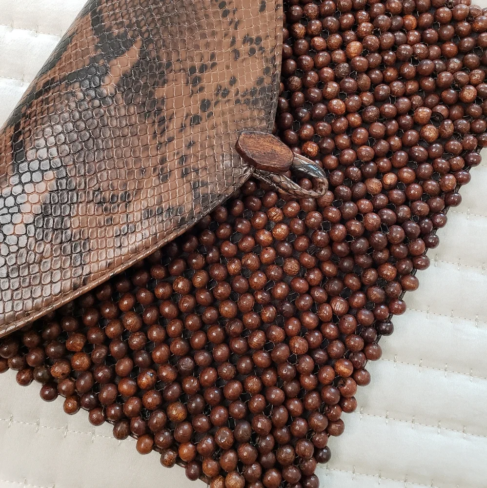 Brown Beaded Snake print Clutch Bag - Picture 3 of 10
